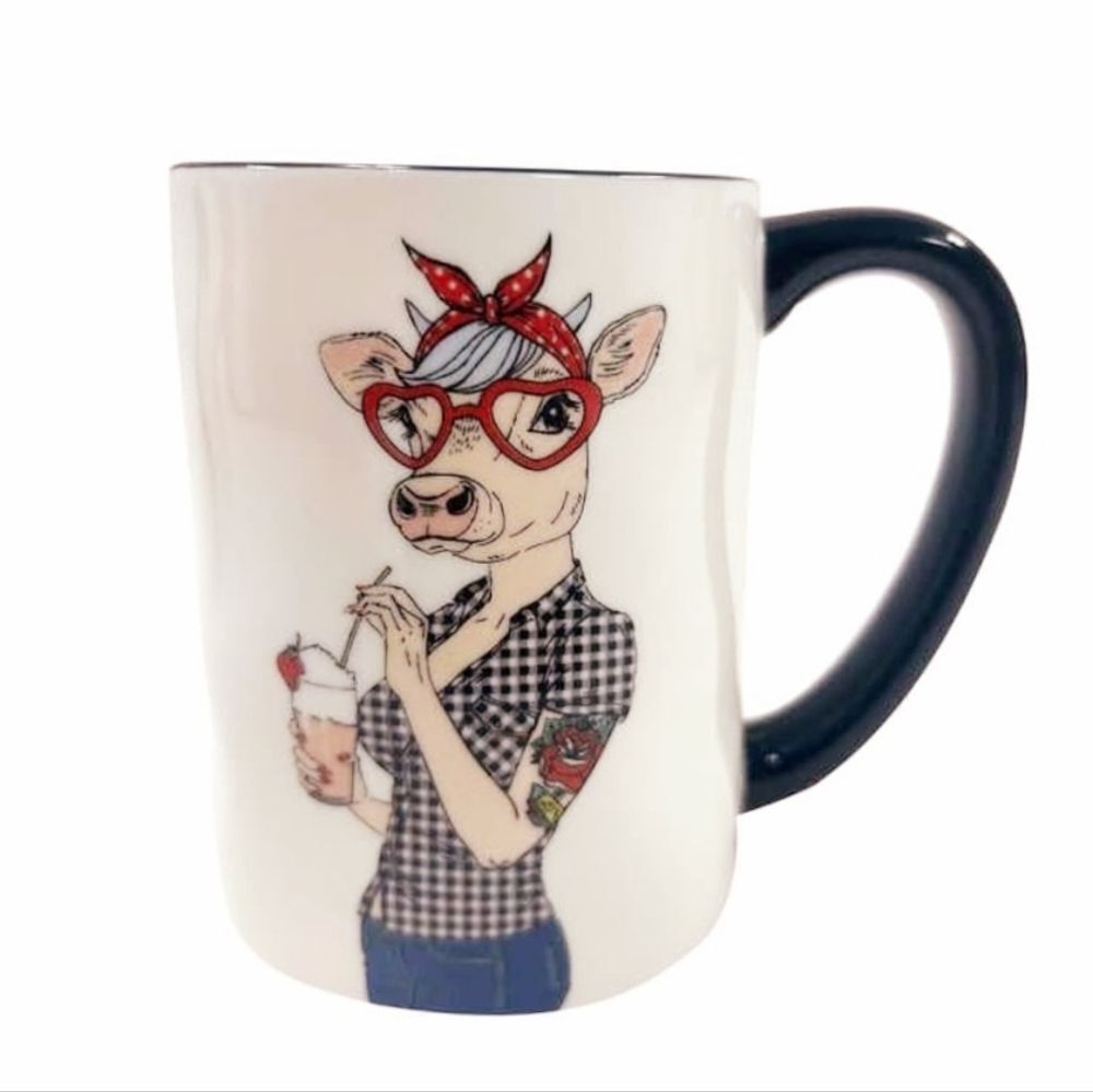 Signature Housewares Inc Hipster Inspired 17.5oz Stoneware Coffee Mug Cow NEW